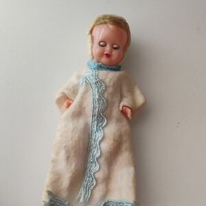 Vintage-Style Cream Doll Robe with Light Blue Trim